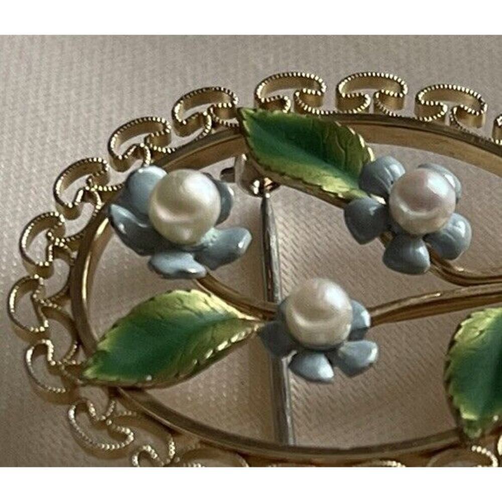 Vintage Krementz Gold Filled Forget Me Not Flower Filigree Brooch Pin Pearl Oval - Picture 11 of 11